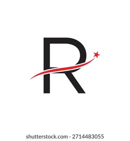 Diseño de logotipo de letra R con Vector Swoosh de estrella roja. Icono inicial moderno para el éxito, el logro y la marca Corporativa.