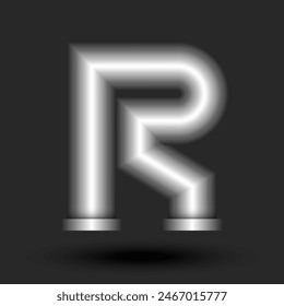 Bold letter R monogram 3d logo metallic pipe with flanges shape, industrial style creative typography design element.