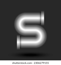 Bold letter S logo monogram 3d metallic tube with flanges smooth shape, silver creative industrial tech logomark, typography design element.