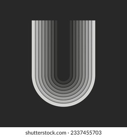 Bold letter U logo monogram initial, grey parallel stripes layers pattern, 3d paper cut style design template, identity typography logotype.