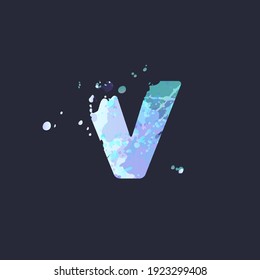 Bold letter V with effect of liquid spots of paint in blue, white, purple colors on dark navy background. Decoration element for winter design of a flyer, poster, calendar, cover, title. Vector EPS10