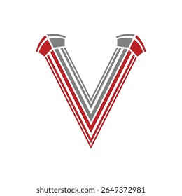 Bold letter V featuring layered red and gray stripes with classical column-inspired serifs, combining vintage elegance with modern graphic design. Isolated on white.