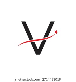 Diseño de logotipo de letra V en negrita con Vector Swoosh de estrella roja. Icono inicial moderno para el éxito, el logro y la marca Corporativa.