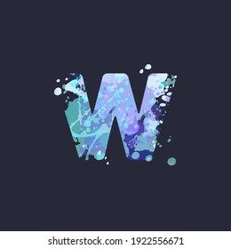 Bold letter W with effect of liquid spots of paint in blue, white, purple colors on dark navy background. Decoration element for winter design of a flyer, poster, calendar, cover, title. Vector EPS10