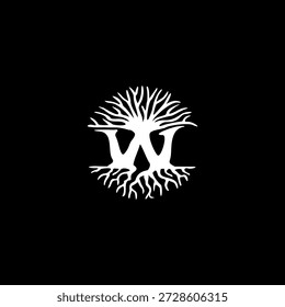 Bold letter W logo integrated with a strong oak tree and deep roots. Solid vector design for real estate development, financial consulting, and long-term investment firms.