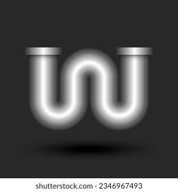 Bold letter W monogram 3d logo metal pipe with flanges smooth curve shape, typography industrial creative design element.