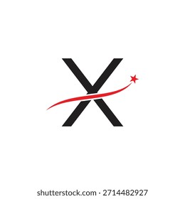 Desenho do logotipo da letra X em negrito com vetor Swoosh da estrela vermelha. Ícone inicial moderno para o sucesso, realização e marca corporativa.