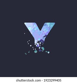 Bold letter Y with effect of liquid spots of paint in blue, white, purple colors on dark navy background. Decoration element for winter design of a flyer, poster, calendar, cover, title. Vector EPS10