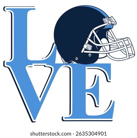 Bold “LOVE” lettering with a helmet replacing the “O”, in blue and white with navy accents. A dynamic and iconic design for sports-themed projects.