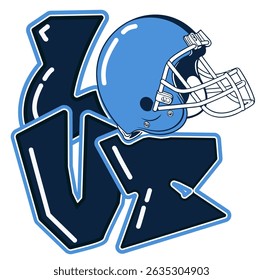 Bold “LOVE” lettering with a helmet replacing the “O”, in blue and white with navy accents. A dynamic and iconic design for sports-themed projects.