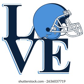 Bold “LOVE” lettering with a helmet replacing the “O”, in blue and white with navy accents. A dynamic and iconic design for sports-themed projects.
