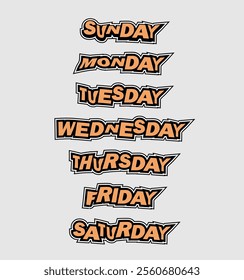 Bold letters of Days of the week: Sunday, Monday, Tuesday, Wednesday, Thursday, Friday, Saturday. Days of the week stickers for notebook, diary, schedule design