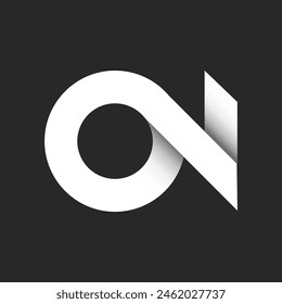 Bold letters ON or NO initials monogram logo with 3D white ribbons typography element, connected two letters O and N, paper cut design, creative calligraphy element, gray and white gradient stripes.