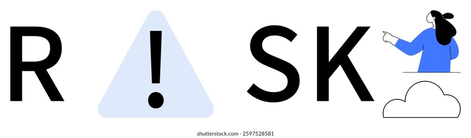 Bold letters spell risk with an exclamation mark replacing I. A person points right. Ideal for safety, caution, warnings, risk management, education. Clean, modern, minimalistic style