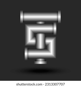 Bold letters TS or ST initials monogram 3d logo luxury metallic pipes line right angles shape, overlapping two letters T and S silver colored creative typography marks.