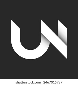 Bold letters UN or NU initials monogram logo with 3D overlapping white ribbons, linked two letters U and N, paper cut material design creative calligraphy element, gray and white gradient stripes.