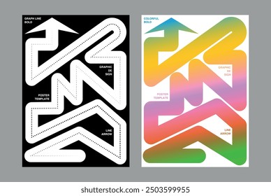 Bold line arrow gradient monotone poster set printing zigzag arrow up dot line cursor pointer direction flyer simple minimal modern style colorful background graphic design moving round cover front