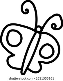 A bold line art butterfly is shown with rounded wings and antennae.  A simple insect depiction features a central body and circular markings on its wings. Cartoon vector illustration