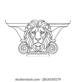 Bold line art illustration featuring lion head integrated into classical architectural column, creating a distinctive and regal design element.