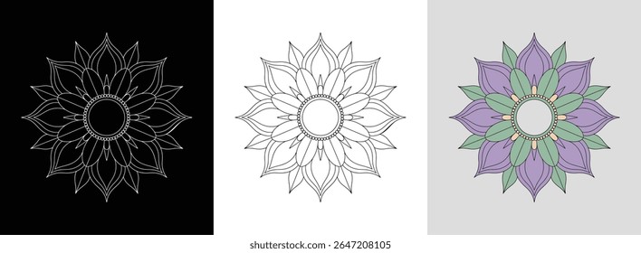 Mandala de arte de linha negrito com inspiração de flor de lótus e geometria sagrada para decoração serena.