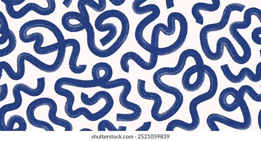 Bold line blue squiggles, loops. Grunge hand drawn ink brush strokes, elements seamless pattern. Organic curved shapes design.