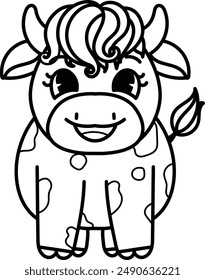 Bold line drawing calf or baby cow with editable stroke thickness for coloring page for kids. Vector illustration.