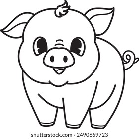 Bold line drawing cute baby pig or piglet with editable stroke thickness for coloring page for kids. Vector illustration.