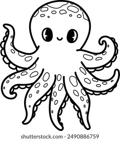 Bold line drawing cute baby octopus with editable stroke thickness for coloring page for kids. Vector illustration.