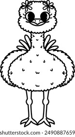 Bold line drawing cute baby ostrich with editable stroke thickness for coloring page for kids. Vector illustration.