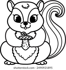 Bold line drawing cute baby squirrel holding acorn,with editable stroke thickness for coloring page for kids. Vector illustration.