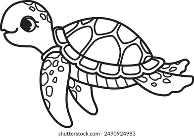 Bold line drawing cute baby turtie with editable stroke thickness for coloring page for kids. Vector illustration.