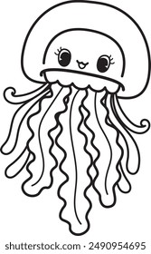 Bold line drawing cute baby jellyfish with editable stroke thickness for coloring page for kids. Vector illustration.