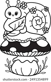 Bold line drawing cute baby snail holding leaf on mushroom with editable stroke thickness for coloring page for kids. Vector illustration.