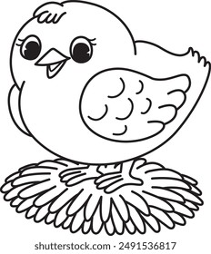Bold line drawing cute baby chick standing on straw with editable strokes  for coloring page for kids. Vector illustration.