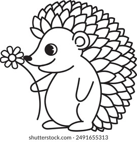 Bold line drawing cute baby hedgehog holding flower with editable strokes  for coloring page for kids. Vector illustration.