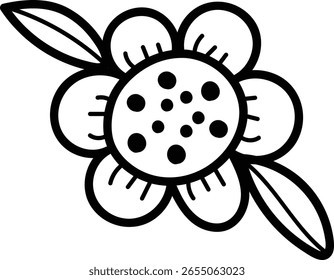Un dibujo de línea en negrita de una flor con dos hojas y un centro punteado. Los pétalos de la flor están delineados con líneas gruesas y Formas simples. Ilustración vectorial de dibujos animados.