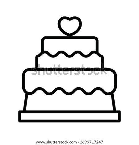 Bold line icon of a multi-tiered cake topped with a heart, perfect for representing love, weddings, and celebratory occasions.