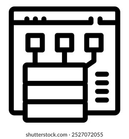 Bold line icon representing a data server connecting to a website interface with a content management system