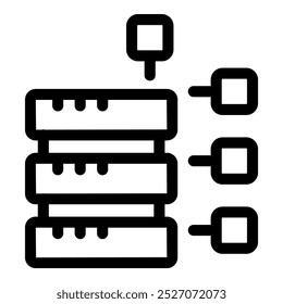 Bold line icon representing a data server connecting to multiple devices, ideal for projects related to data storage and networking