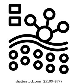 Icono de línea en negrita que representa una estructura molecular que se conecta con los átomos sobre una superficie ondulada, que representa conceptos de química e investigación científica