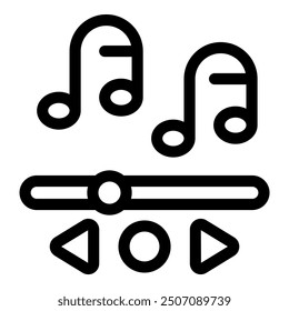 Bold line icon representing a music player interface showing audio playing with notes and a progress bar
