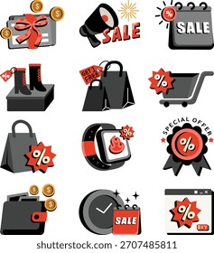 Conjunto de ícones de linha em negrito com compras Black Friday, descontos, cupons, vendas, bolsas, etiquetas e ferramentas promocionais