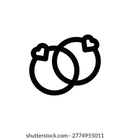 Bold line icon of two interlocking rings with heart-shaped gems, symbolizing wedding, engagement, romance, unity, and lifelong commitment.