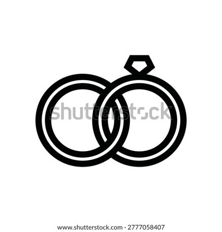 Bold line icon of two interlocking wedding rings with a diamond, symbolizing marriage, engagement, commitment, unity, and eternal love.