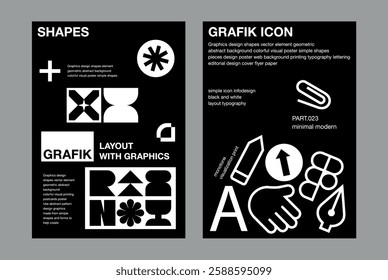 Bold line icon and unique shapes element poster style template set simple type pencil clip hand fountain pen arrow custom shape layout editorial design minimal modern paper page print book flyer