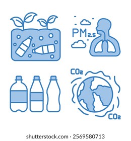 Bold Line Icons for Environmental Pollution and Greenhouse Effect