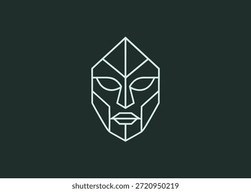 A bold line mask logo with balanced symmetry and expressive contours, representing mystery, identity, and artistic character
