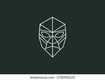 A bold line mask logo with balanced symmetry and expressive contours, representing mystery, identity, and artistic character