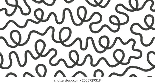 Bold line squiggles with circles abstract seamless pattern. Hand drawn organic curved black lines.