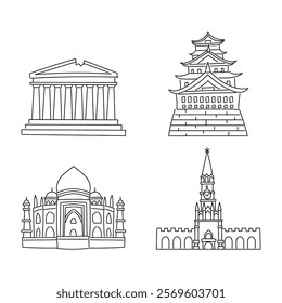 Bold Line and White Line Doodle of Famous Places and Historic Buildings